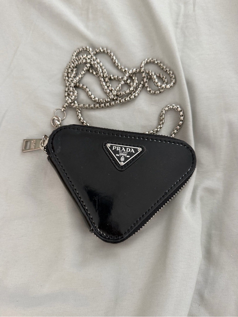Prada Triangle Patent Leather Chain Mini Pouch / Coin Purse